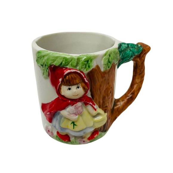 Vintage Coffee Cup Mug Little Red Riding Hood Taiwan 3D Hand Painted White - Picture 1 of 1